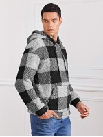 Men Buffalo Plaid Teddy Drawstring Hoodie