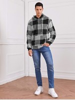 Men Buffalo Plaid Teddy Drawstring Hoodie