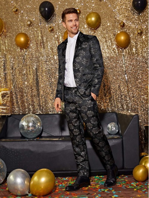 Men Lapel Collar Jacquard Blazer & Pants Set