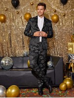 Men Lapel Collar Jacquard Blazer & Pants Set