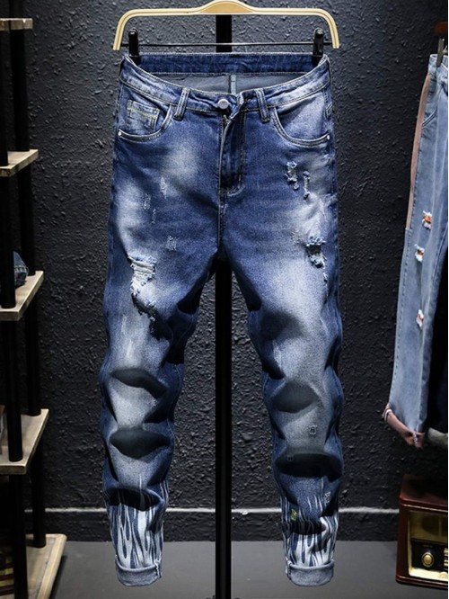 Men Fire Print Ripped Jeans