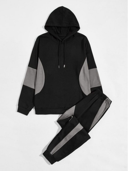 Men Colorblock Drawstring Hoodie & Sweatpants Set