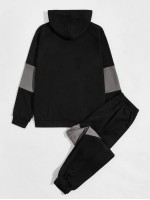 Men Colorblock Drawstring Hoodie & Sweatpants Set