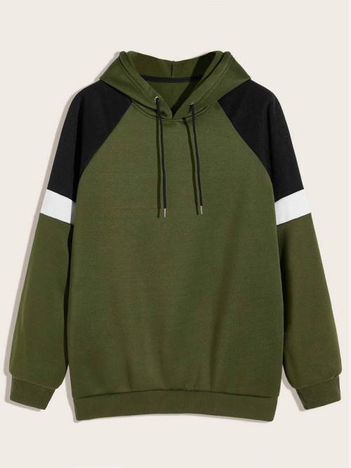 Men Contrast Panel Drawstring Hoodie