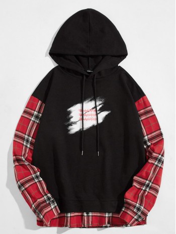 Men Tartan Letter Graphic Drawstring Hoodie