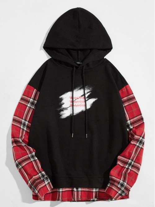 Men Tartan Letter Graphic Drawstring Hoodie