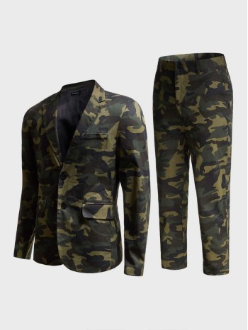 Men Single Breasted Camo Blazer & Pants Set