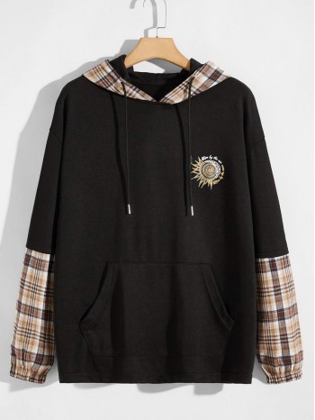 Men Contrast Tartan Panel Drawstring Hoodie