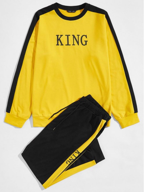 Men Contrast Side Seam Letter Graphic Pullover & Joggers Set