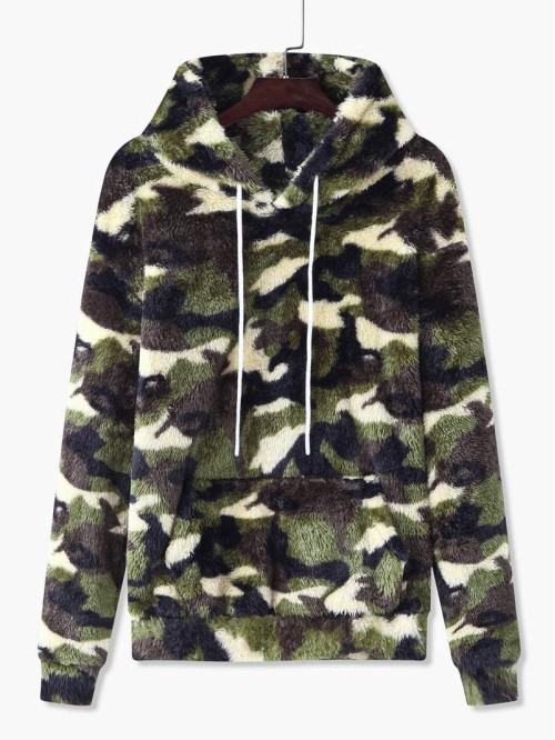 Men Camo Print Kangaroo Pocket Drawstring Teddy Hoodie