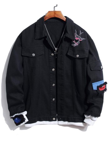 Men Flap Pocket Embroidery Denim Jacket