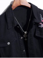 Men Flap Pocket Embroidery Denim Jacket