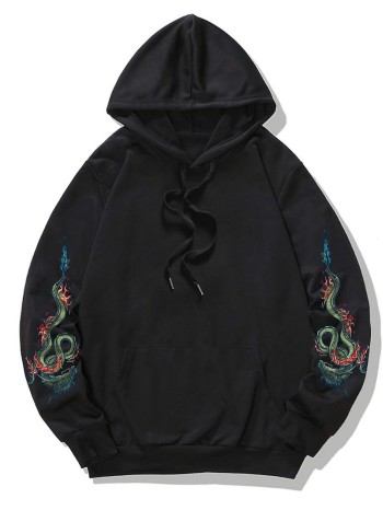 Men Chinese Dragon Print Drawstring Hoodie