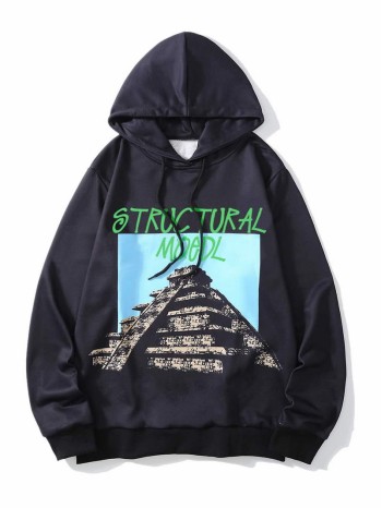 Men Colorblock Letter Graphic Drawstring Hoodie