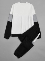 Men Colour Block Pullover & Drawstring Joggers Set