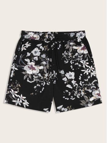 Men Drawstring Detail Botanical Print Shorts