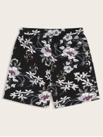 Men Drawstring Detail Botanical Print Shorts