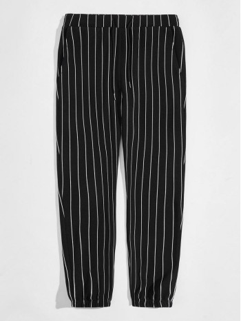 Men Elastic Waist Patch Pocket Striped Pants