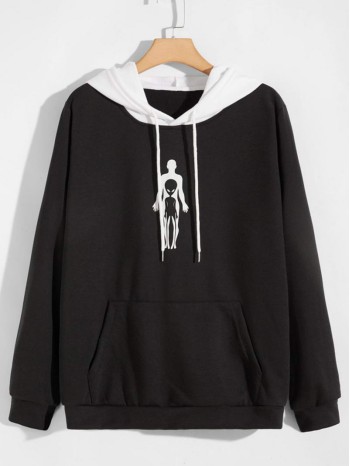 Men Alien Print Drawstring Hoodie