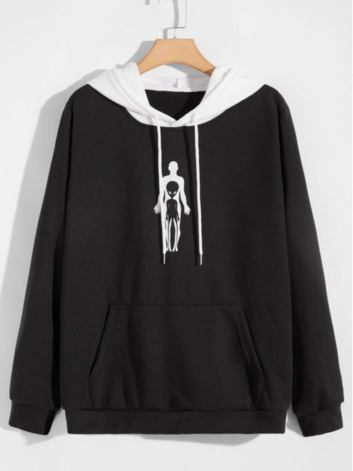 Men Alien Print Drawstring Hoodie