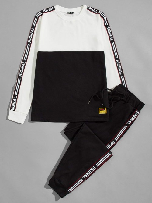 Men Letter Tape Side Colorblock Pullover & Joggers Set