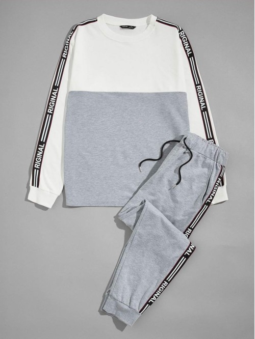 Men Letter Tape Side Colorblock Pullover & Joggers Set