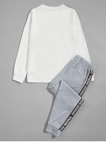 Men Letter Tape Side Colorblock Pullover & Joggers Set