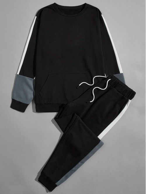 Men Colorblock Kangaroo Pocket Sweatshirt & Sweatpants