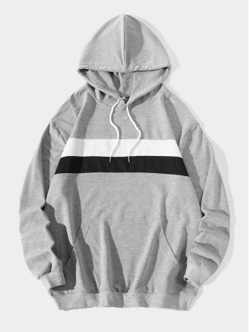 Men Colorblock  Kangaroo Pocket Drawstring Hoodie