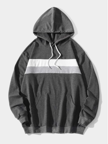 Men Colorblock  Kangaroo Pocket Drawstring Hoodie