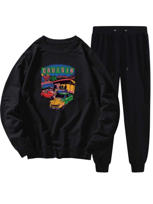 Men Car Print Sweatshirt With Drawstring Joggers