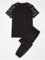 Men Geo Raglan Sleeve Letter Embroidered Top & Joggers Set