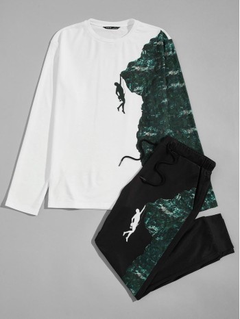 Men Figure & Mountain Print Tee and Sweatpants Set