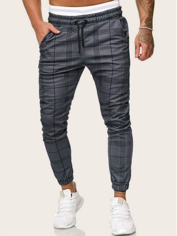 Men Drawstring Waist Plaid Pants