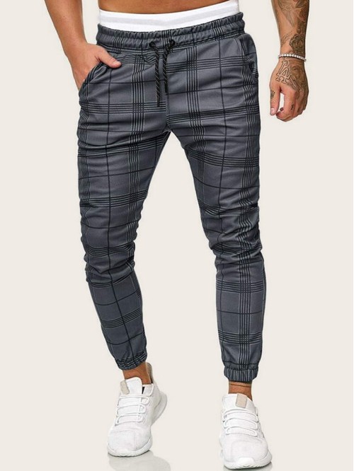 Men Drawstring Waist Plaid Pants