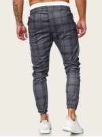 Men Drawstring Waist Plaid Pants