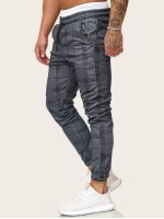 Men Drawstring Waist Plaid Pants