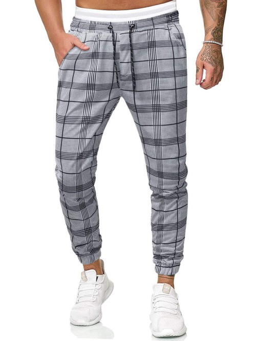 Men Drawstring Waist Plaid Pants