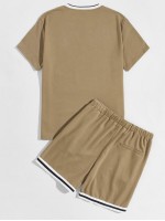 Men Striped Neck Letter Graphic Top & Shorts Set