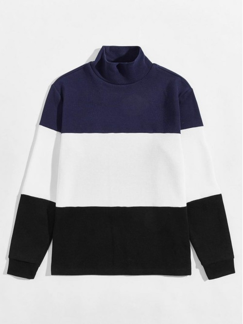 Men Color Block Stand Collar Pullover