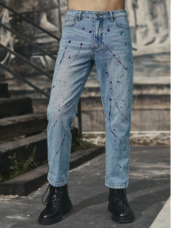 Men Splatter Print Straight Leg Jeans