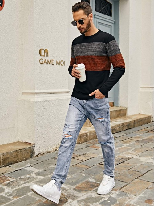 Men Snow Wash Ripped Tapered Jeans