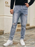 Men Snow Wash Ripped Tapered Jeans