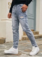 Men Snow Wash Ripped Tapered Jeans