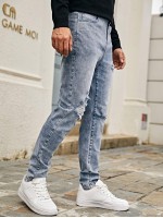 Men Snow Wash Ripped Tapered Jeans