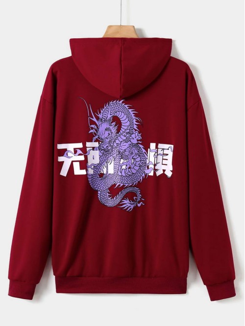 Men Chinese Dragon & Letter Graphic Hoodie