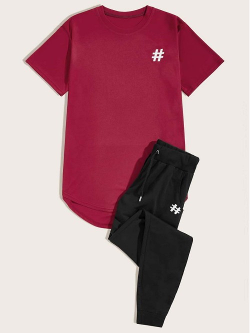 Men Graphic High Low Tee & Drawstring Pants