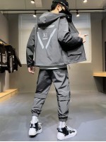 Men Flap Pocket Drawstring Hooded Jacket & Cargo Pants