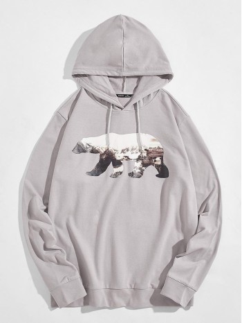 Men Bear Print Hoodie