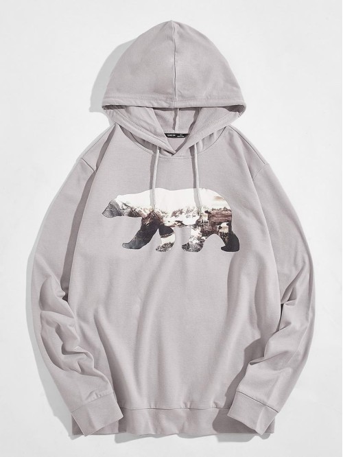 Men Bear Print Hoodie